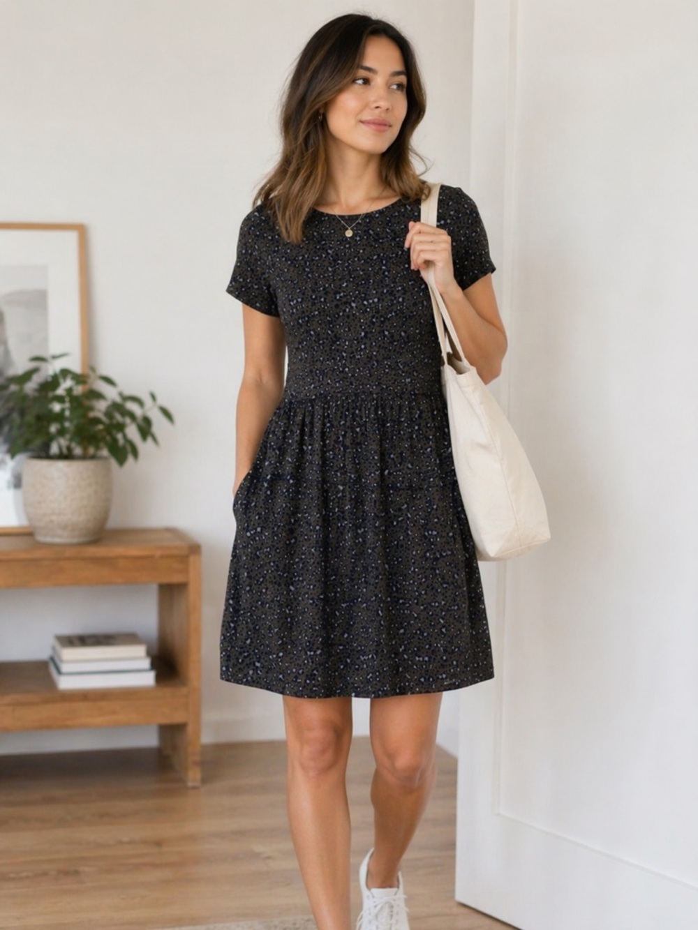 Boden Jersey Day Dress 10 Olive Green Amelie Stretch Cheetah Print Pockets